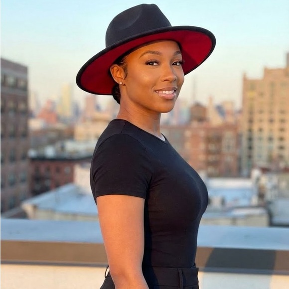 Two Color Black + Red Felt Flat Brim Fashion Fedora Hat - Picture 2 of 4